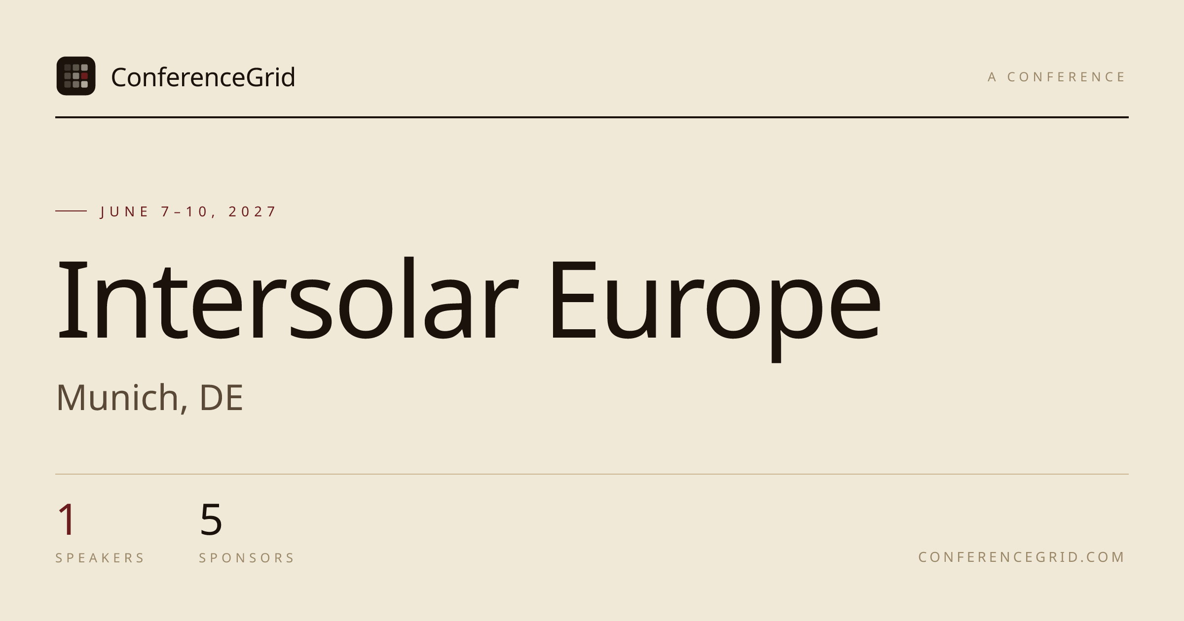 Intersolar Europe 2027 · Jun 7–10 · Munich, DE | ConferenceGrid